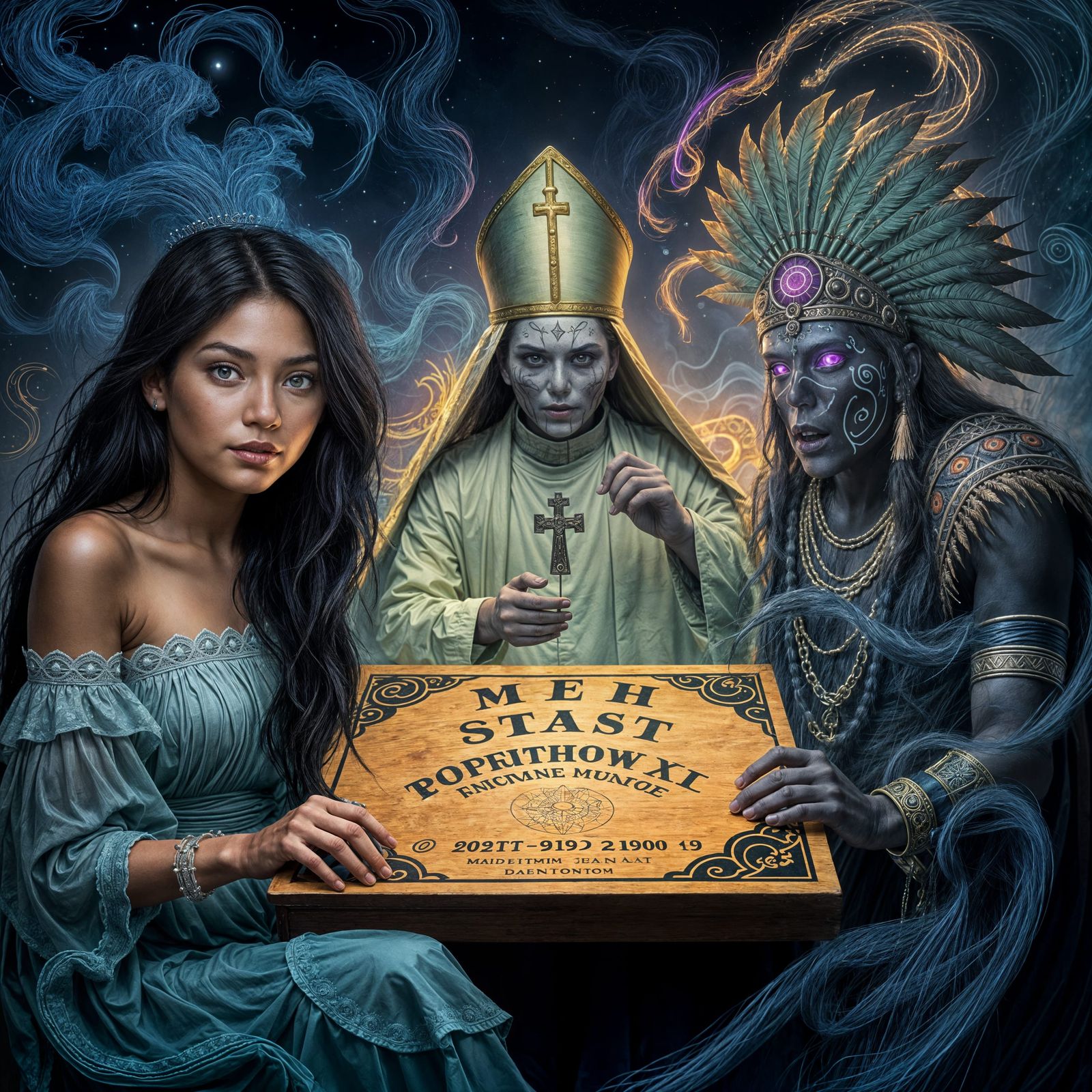 Mystical Biomechanical Shaman Ritual with Ouija Board