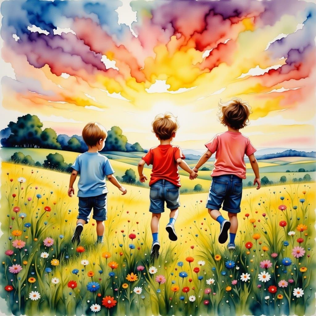 Boys Running in Field: Impressionistic Watercolor Painting