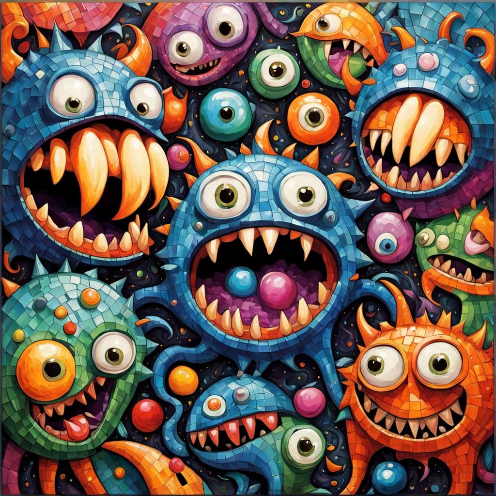 Whimsical Monster Mosaic in Vibrant Graffiti Style