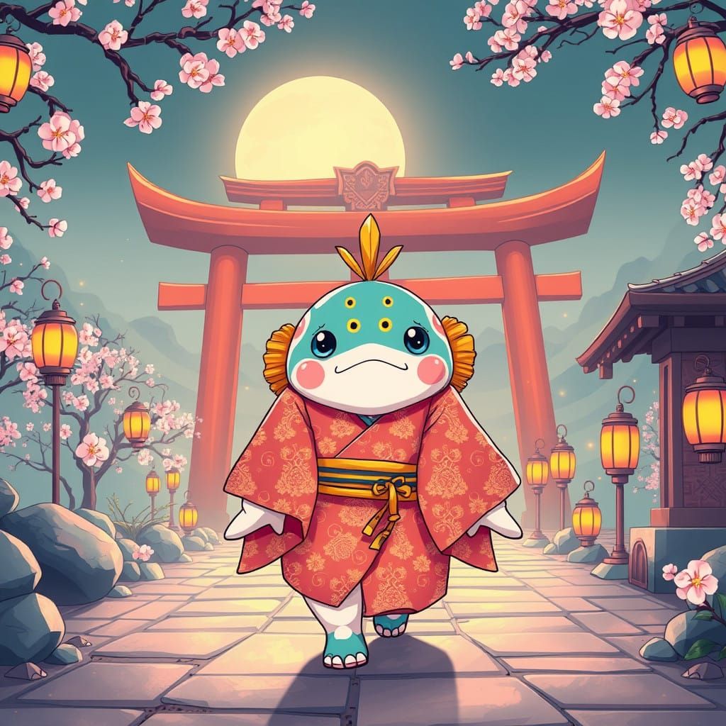 Surreal Anime-Inspired Pufferfish Embarks on Whimsical Templ...