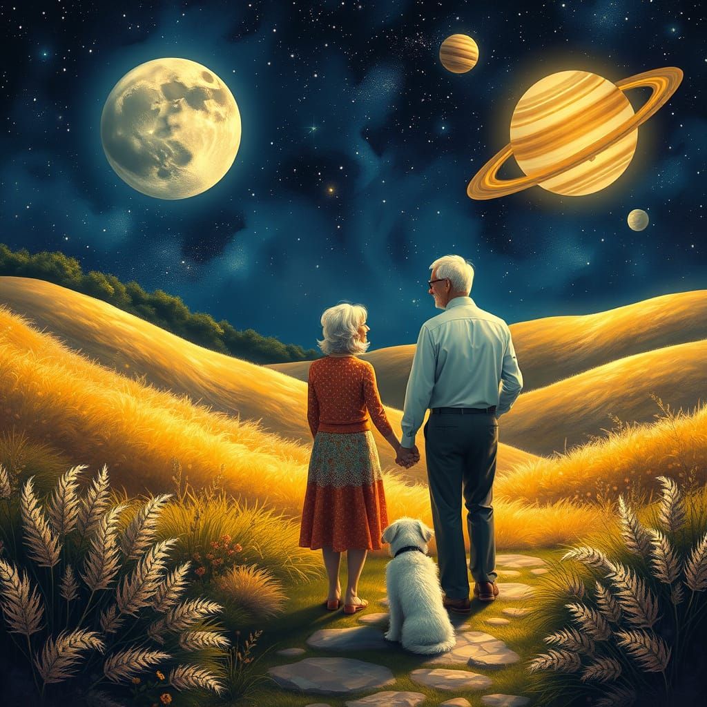 Serene Elderly Couple in Vibrant Dreamlike Garden