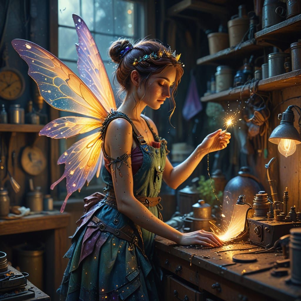 Whimsical Fairy Mechanic in a Golden Lit Garage