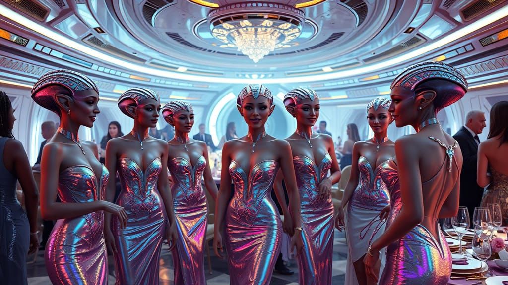 Glamorous Female Aliens in Futuristic Mothership Restaurant