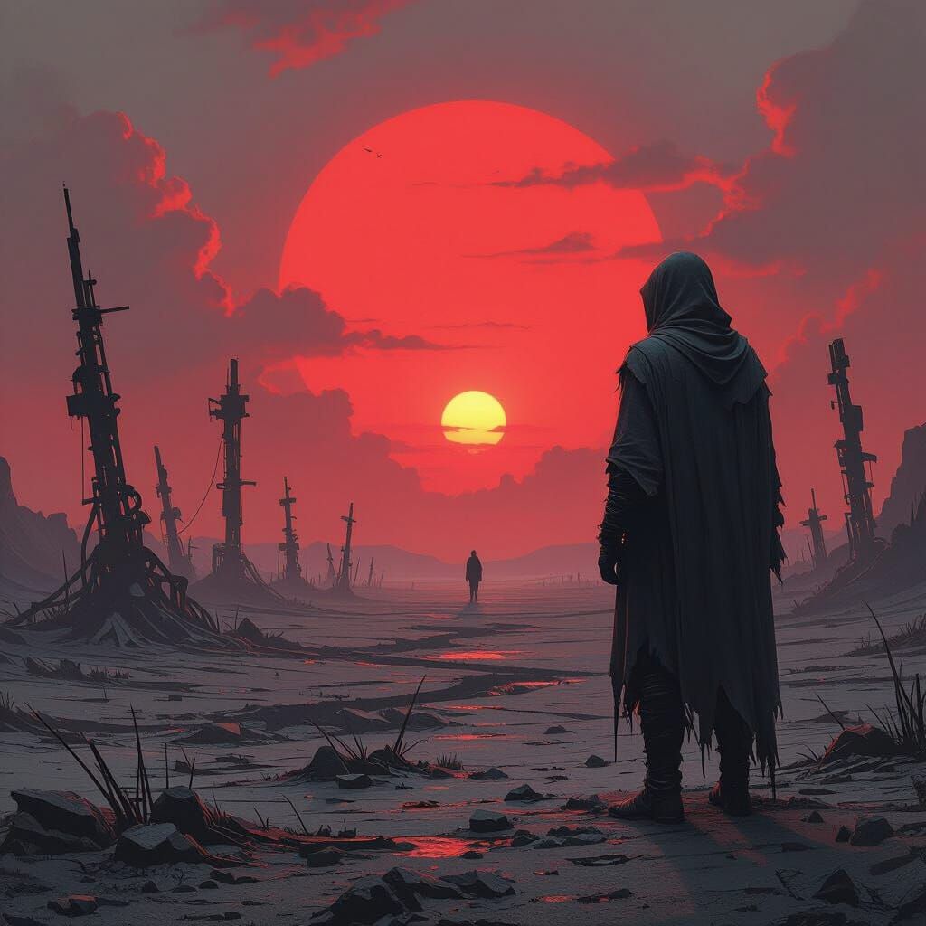 Surreal Wasteland Sunset Silhouette in Dark Art Style