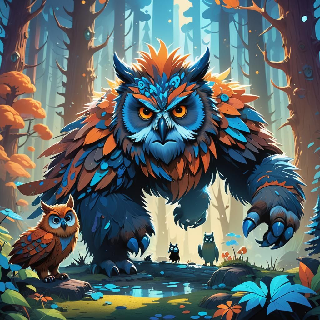 Whimsical Owlbear and Friends in Enchanted Forest
