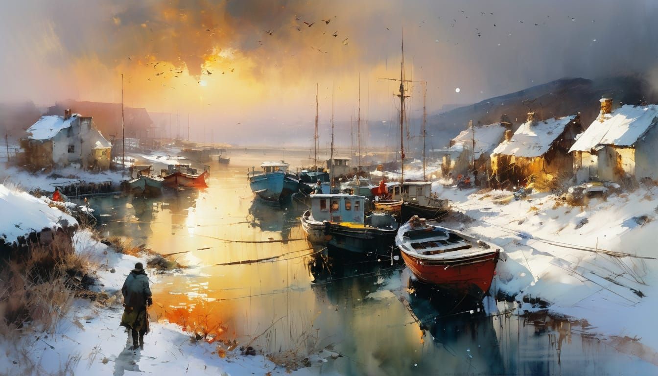 Winter Fishing Village at Sunrise: Watercolor Painting