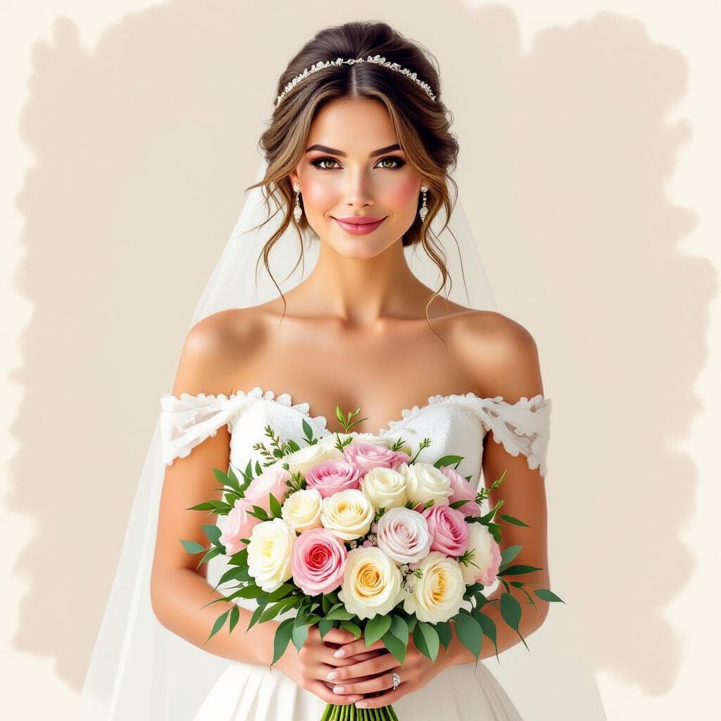 Elegant Bride with Bouquet and Wedding Rings