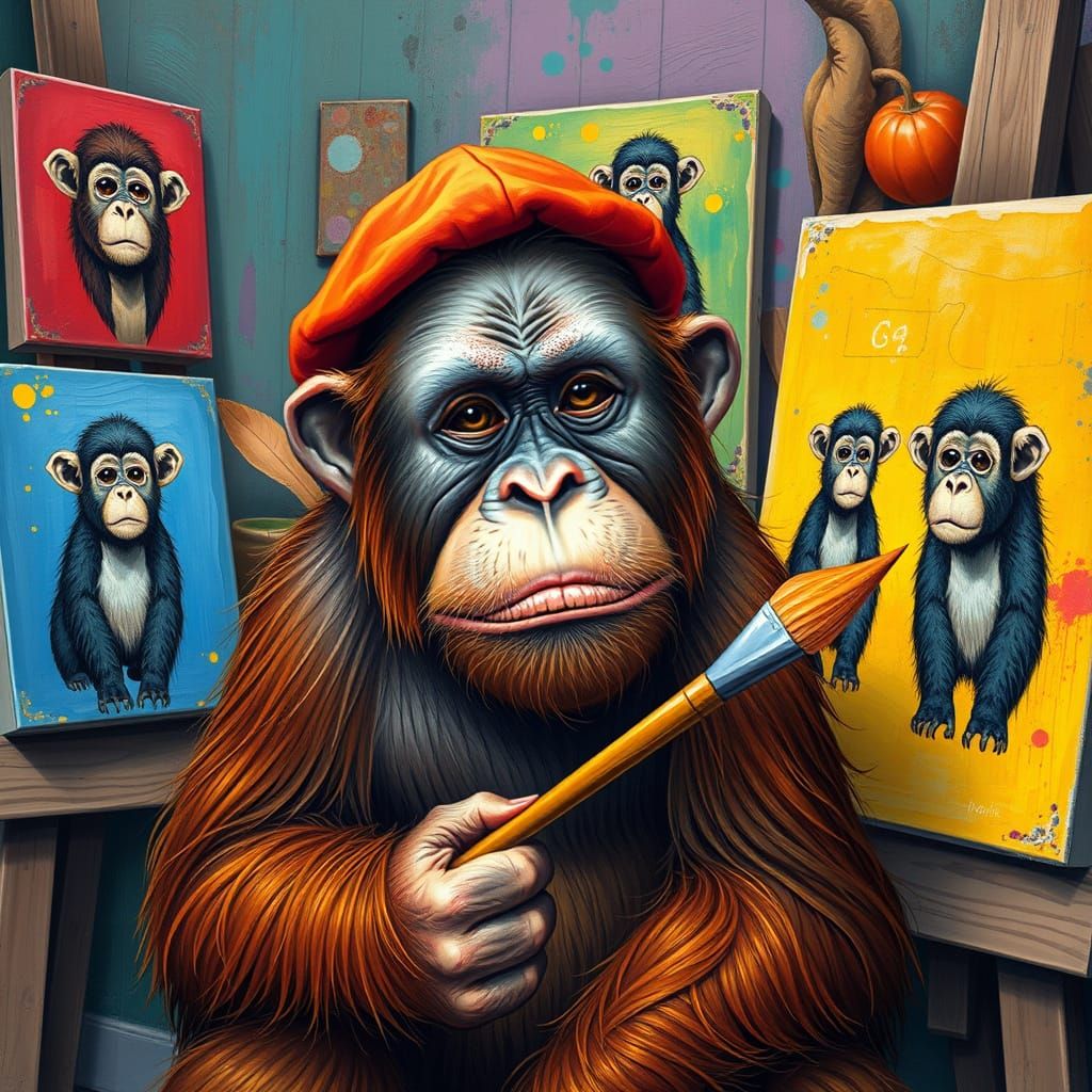 Orangutan Painter in Colorful Pop Surrealist Studio