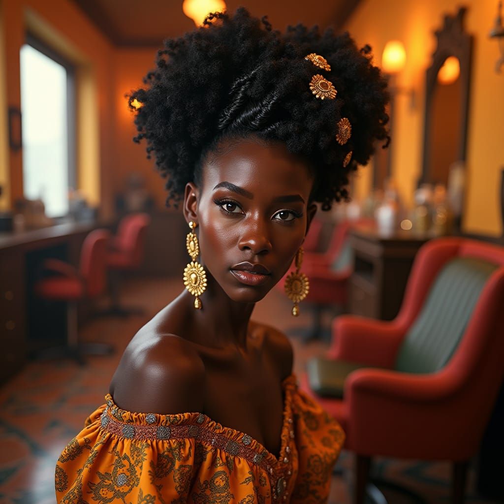 African Woman's Braided Hairstyle in Opulent Salon
