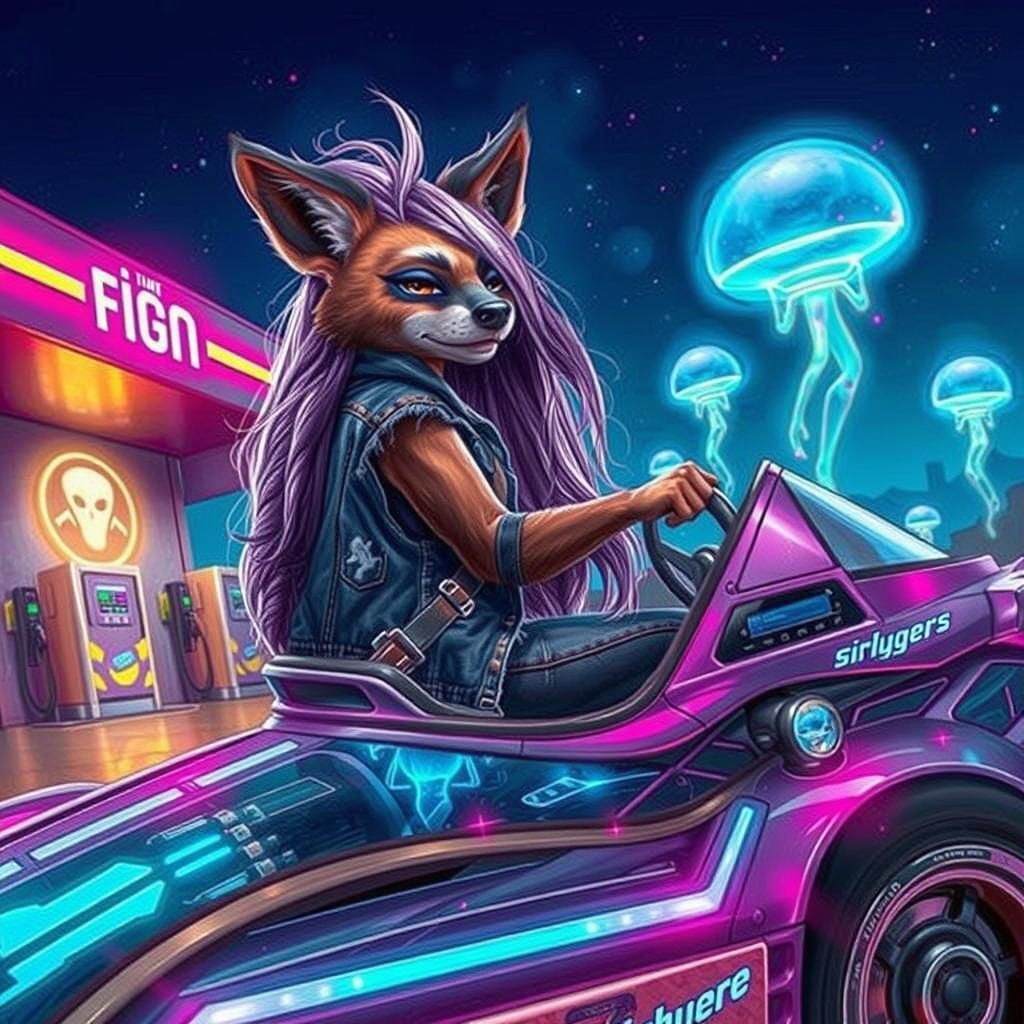 Cyberpunk Gas Station Scene with Futuristic Hover-Car