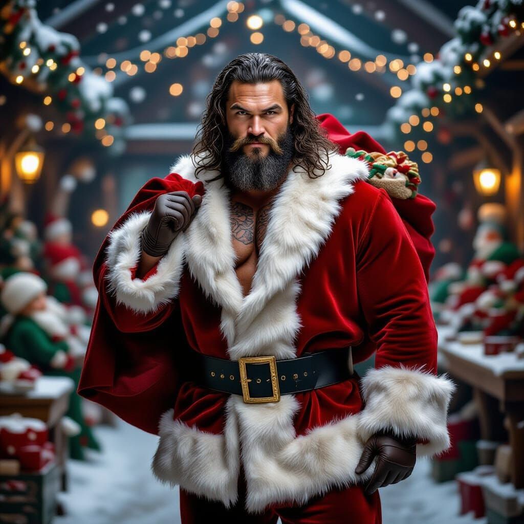 Muscular Jason Momoa Embodies Santa Claus in Festive Worksho...