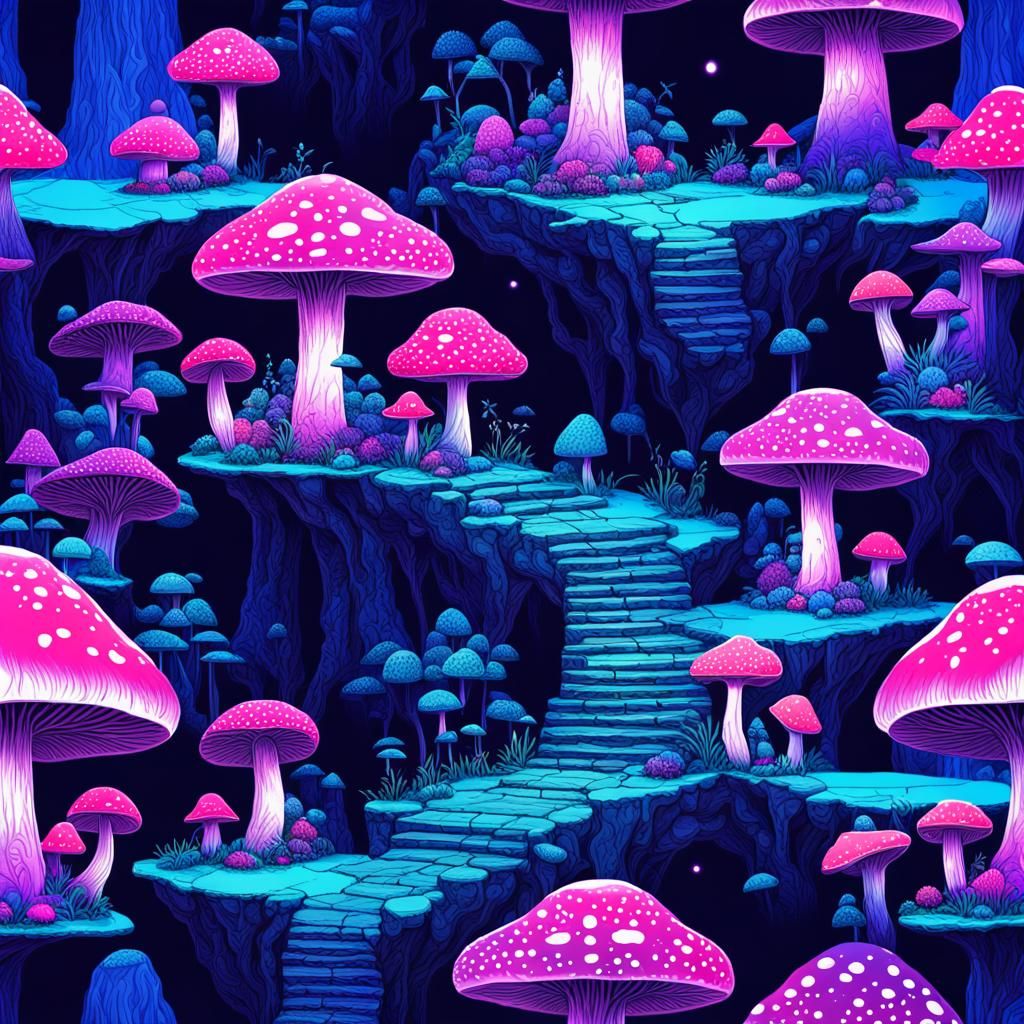Dark Vaporwave Fairy Village of Mushroom Homes