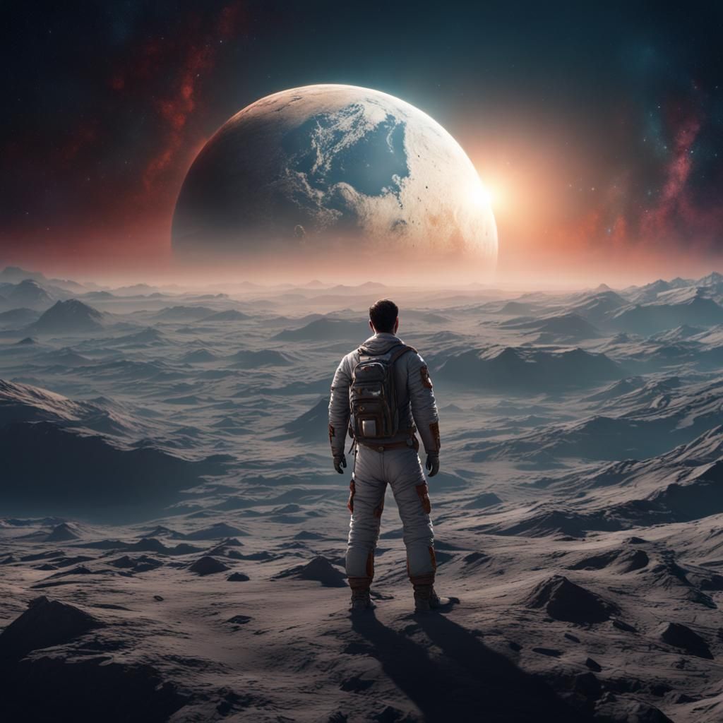 Man on Moon Gazing at Earth, Detailed Matte Painting