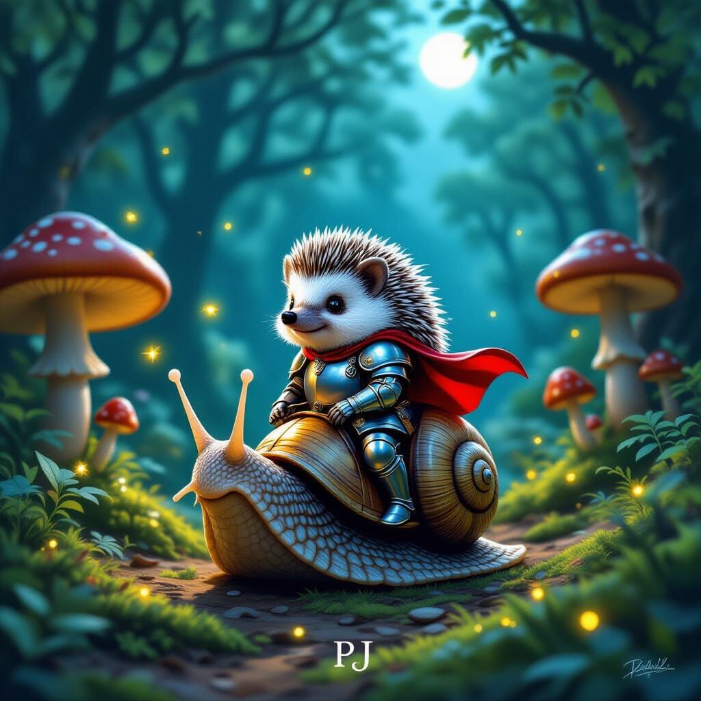 Hedgehog Knight on Snail Steed in Fantasy Forest