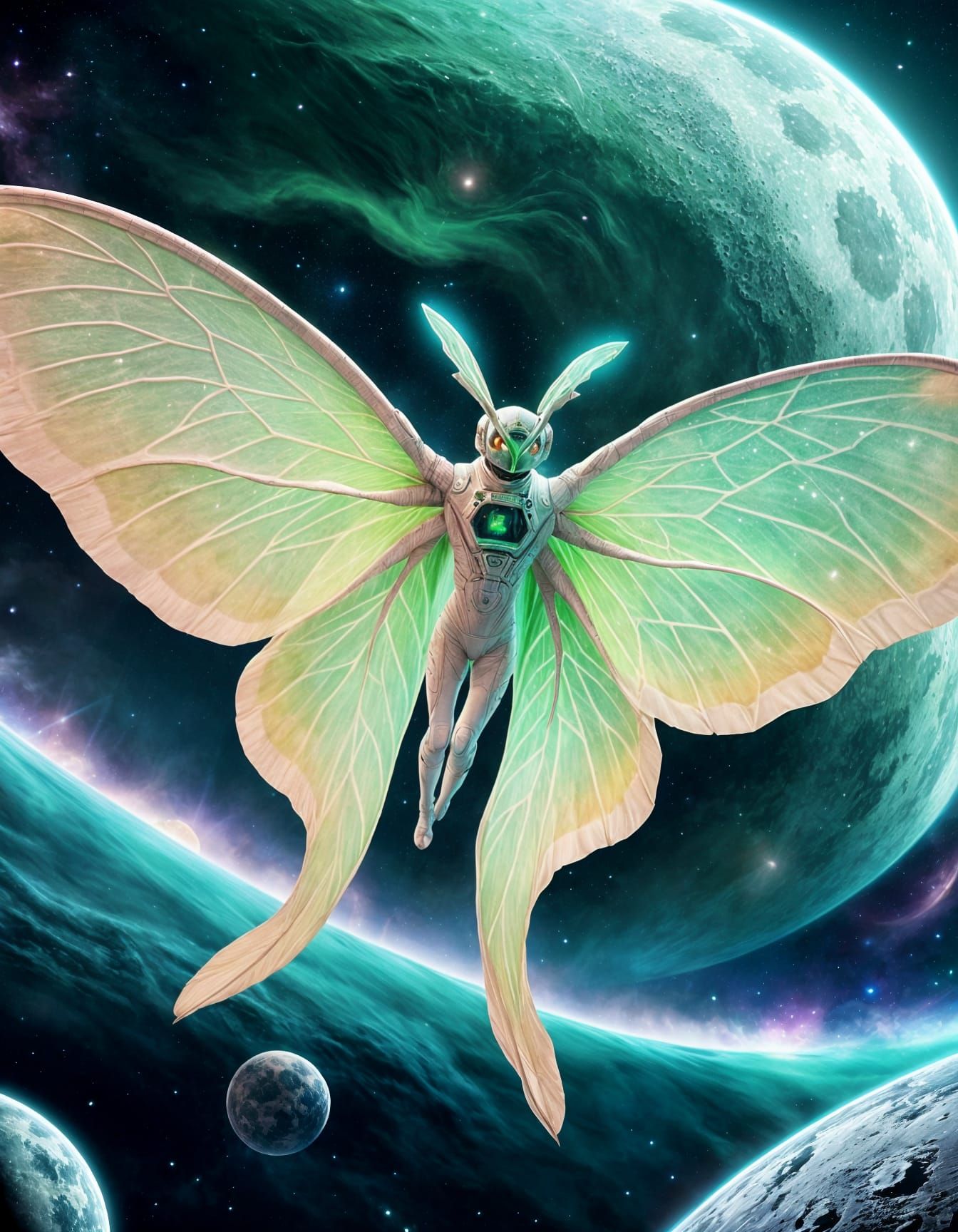 Astronaut Rides Luna Moth Through Space