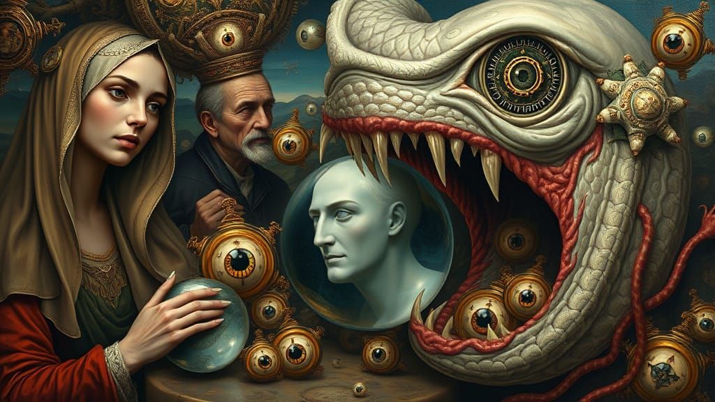 Surreal Digital Oil Painting of Veiled Lady and Eel Creature