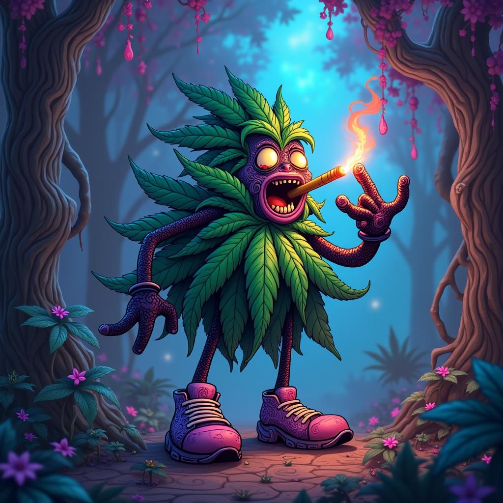 Anthropomorphic Cannabis Leaf Smoker in Mystical Forest