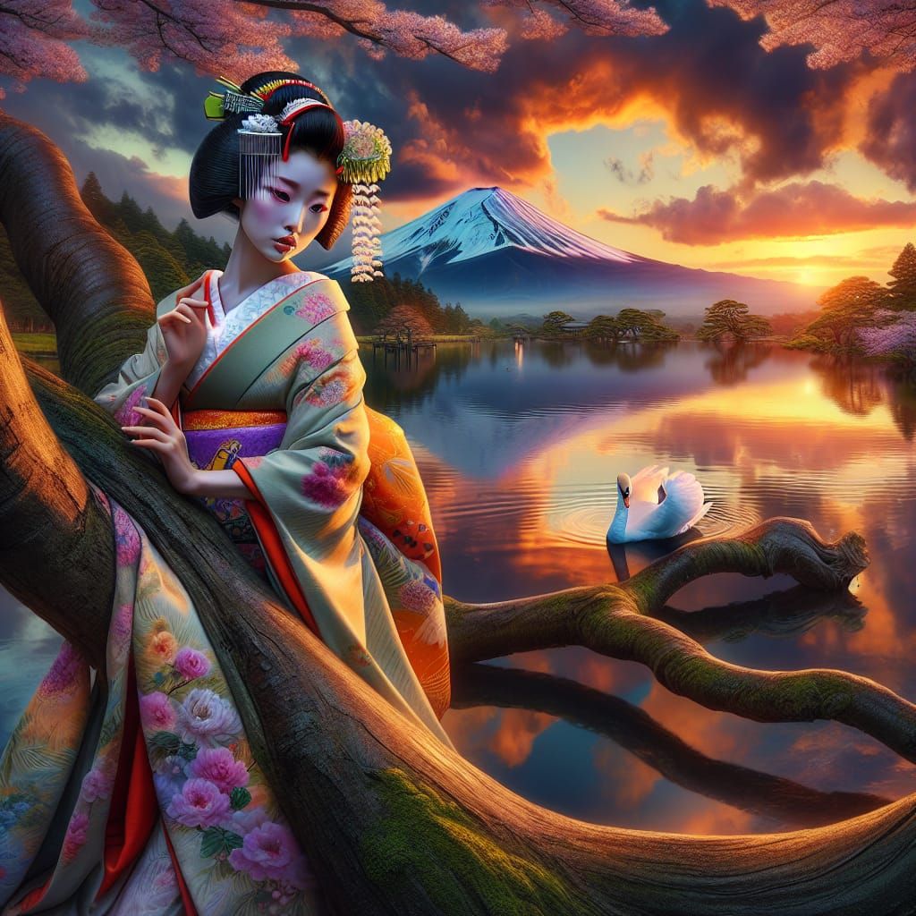 Elegant Geisha Reflects in Mount Fuji Sunrise