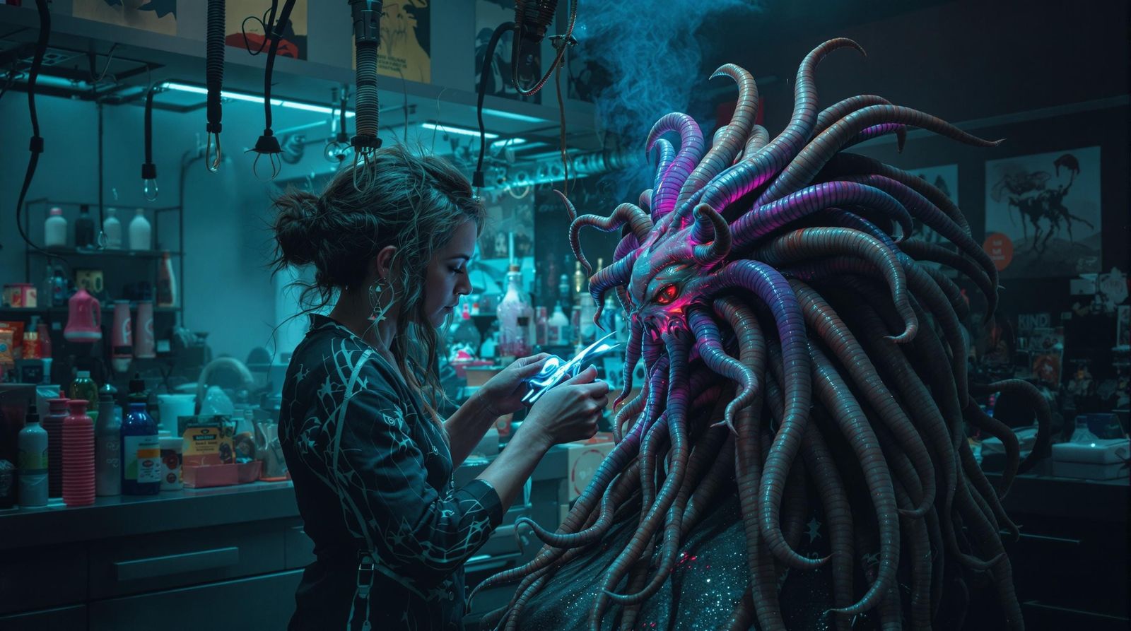 The Hair Stylist trims her Client's Medusa-like tangled hair.