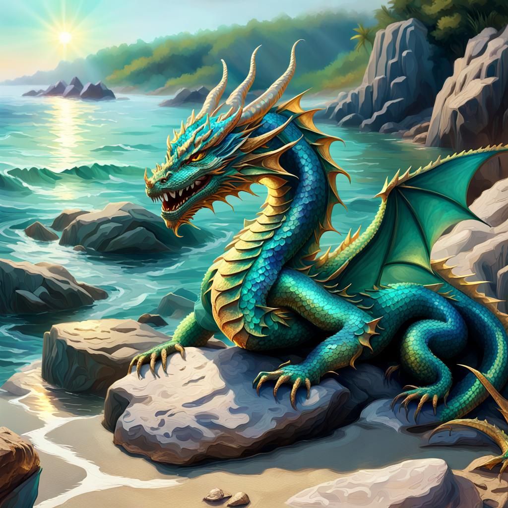 Mystic Dragon on Beach in Hyper-Realistic Style