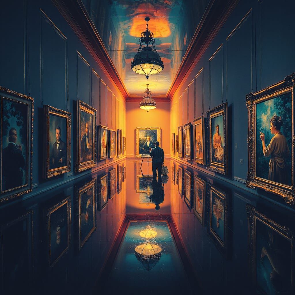 Surreal Recursive Art Gallery with Infinite Reflections