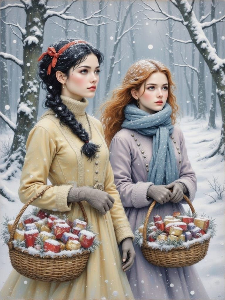 Anime Women Stroll Snowy Forest with Gifts
