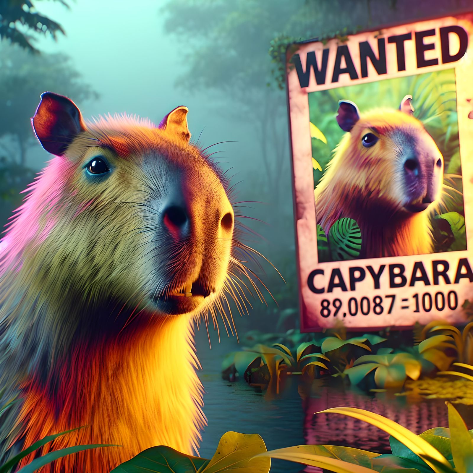 Surprised Capybara Gazes at 'Wanted' Poster in Hyperrealism