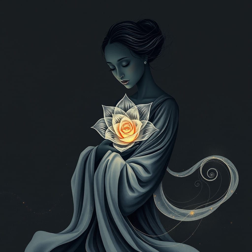 Serene Zen Goddess with Swirling Vortex Flower in Dark Minim...