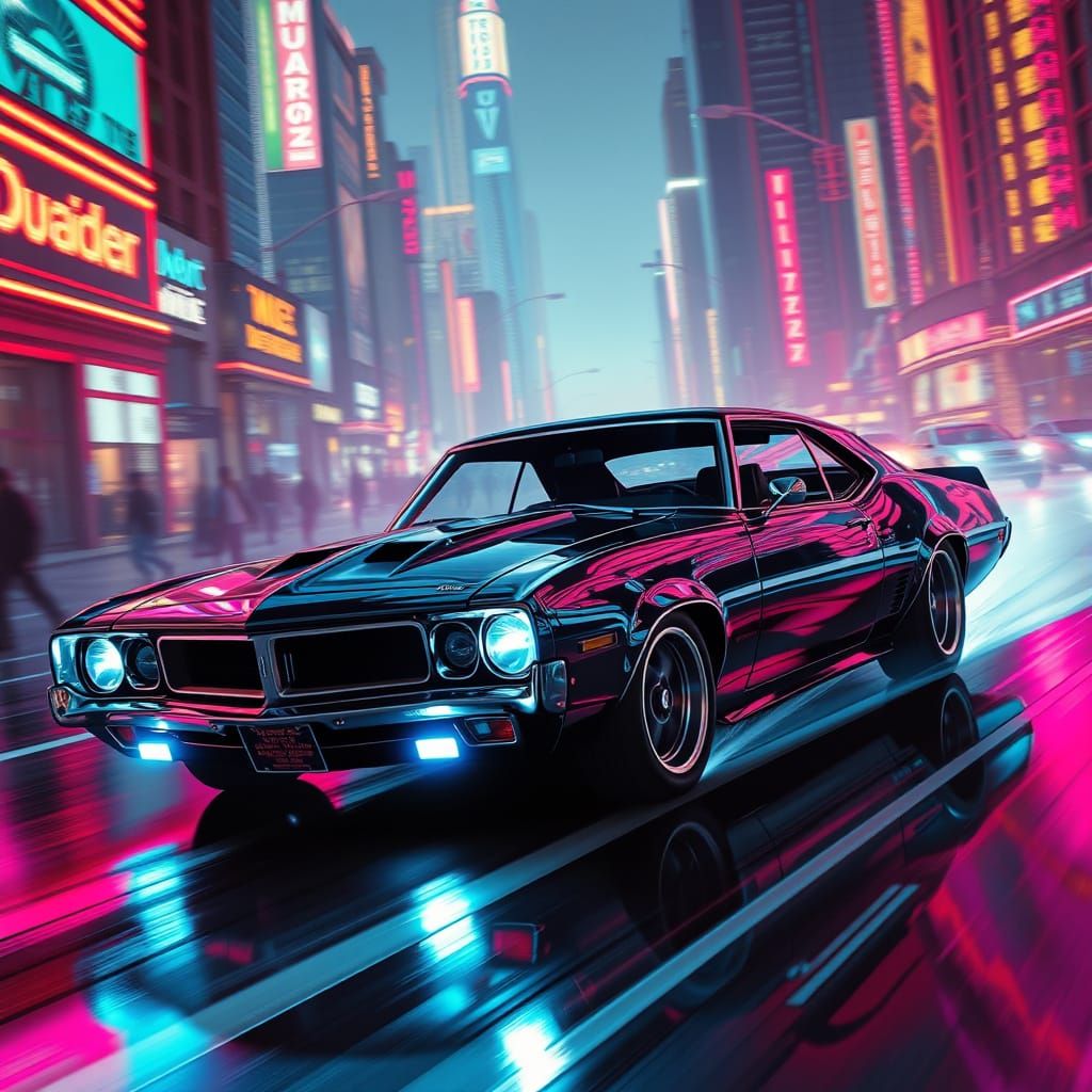 Chrome Muscle Car Soaring Through Neon Dystopia
