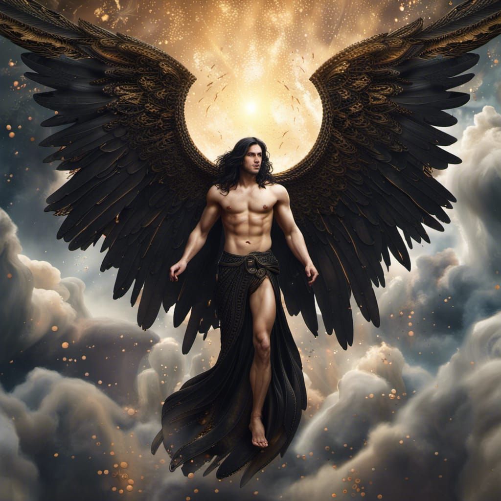 Handsome Male Angel with Black Wings in Heaven