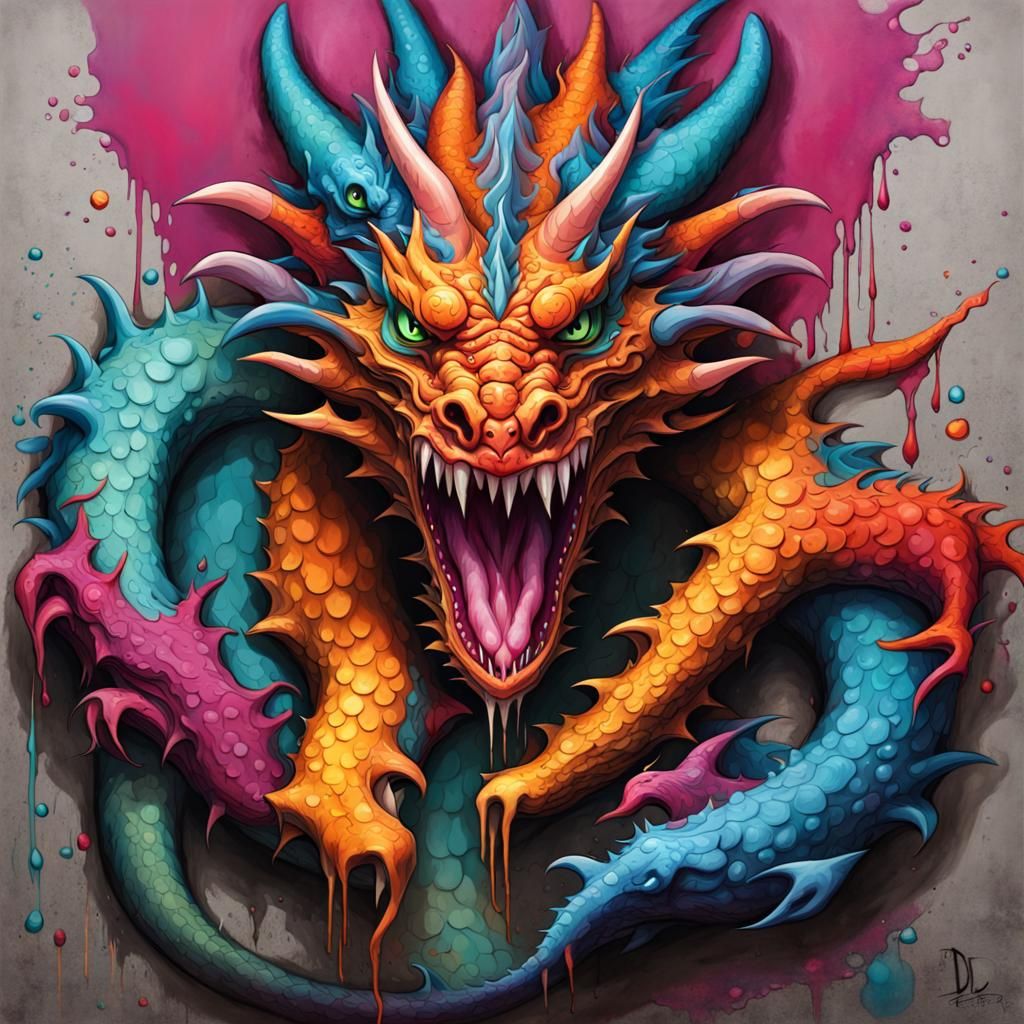 Three-Headed Dragon Graffiti Art: D&D Monster