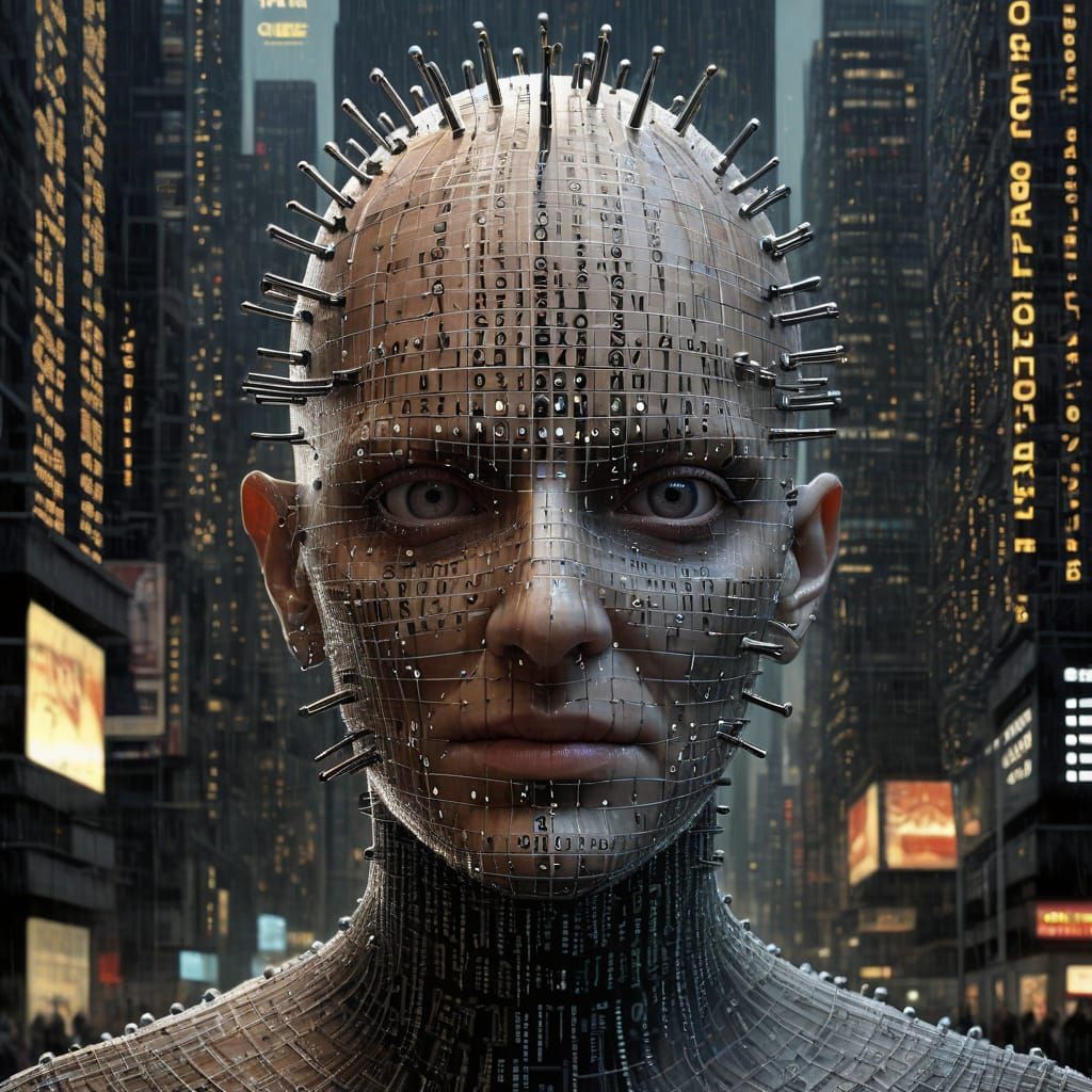 Digital Hyperrealism: Pinhead in Binary Cityscape