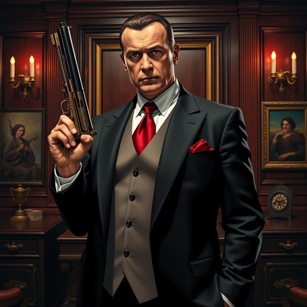 Mobster in Lavish Office with Ornate Firearm