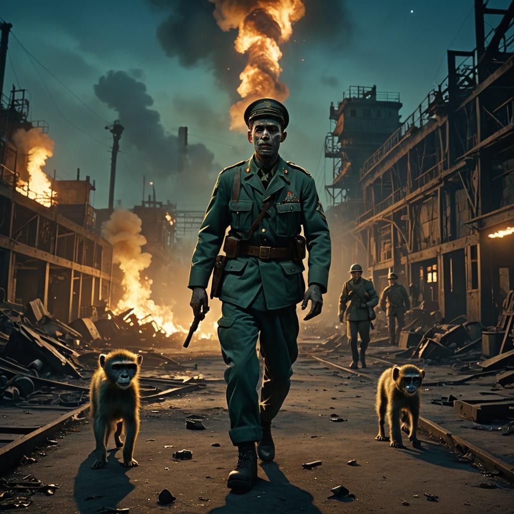 Zombie Soldier in Abandoned Shipyard, Retro Film Still