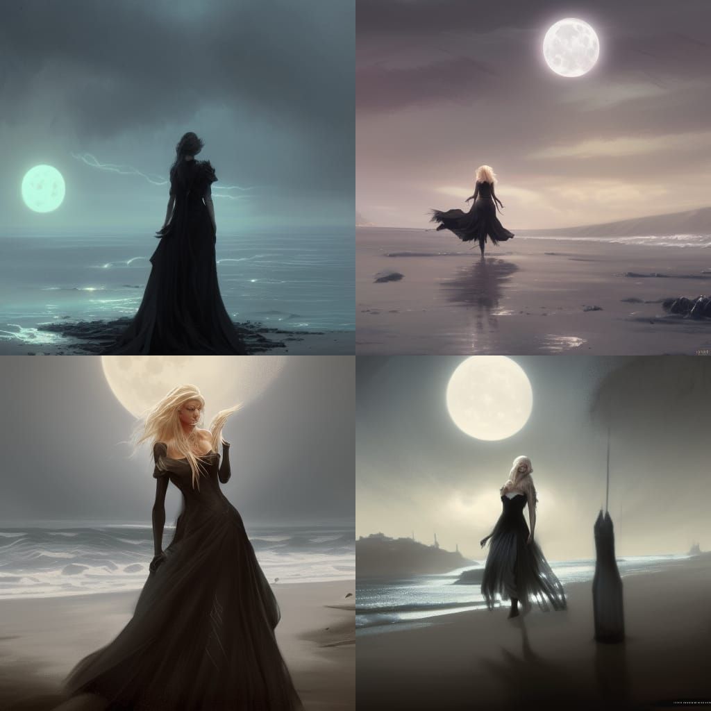 Blonde Woman in Black Wedding Dress on Beach