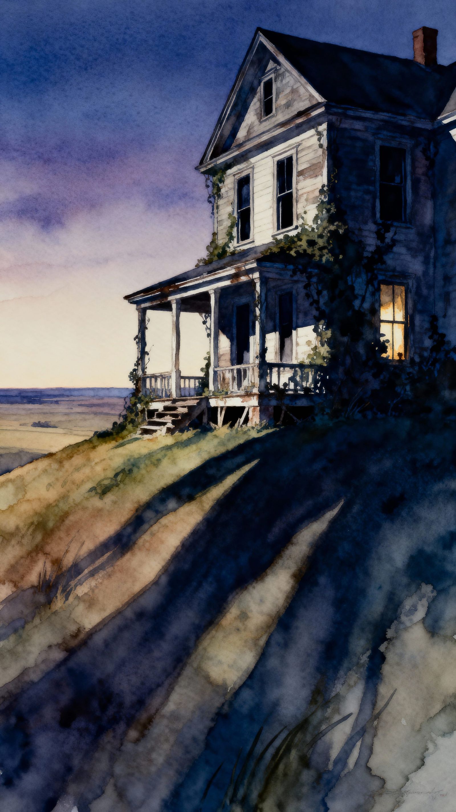 Melancholy Victorian House at Twilight in Watercolor Style