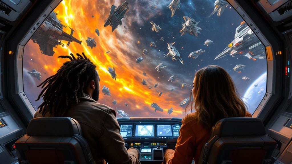 Starship Crew Views Space Graveyard in Futuristic Style