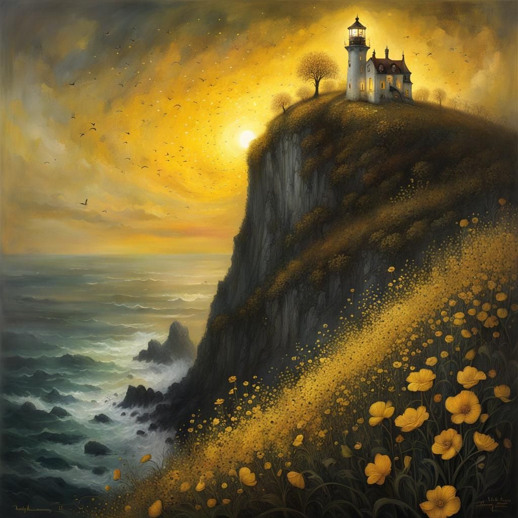Lighthouse on Flowering Cliff at Sunset: Art Nouveau Style