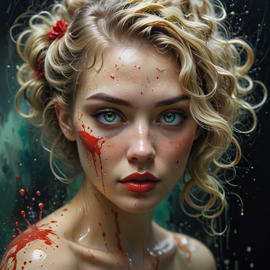 Ethereal Woman Portrait with Ash Blonde Curls and Green Eyes