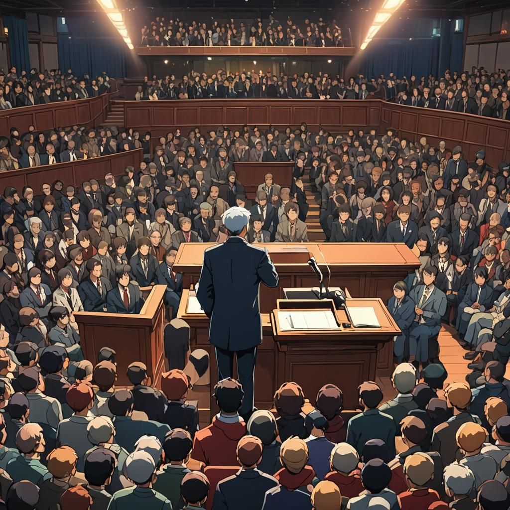 Anime Style Public Speaker in Vibrant Hall