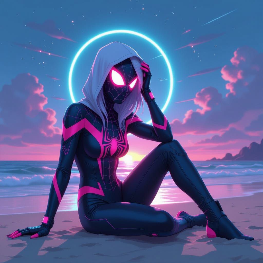 Cyberpunk Spider-Gwen on a Neon Beach