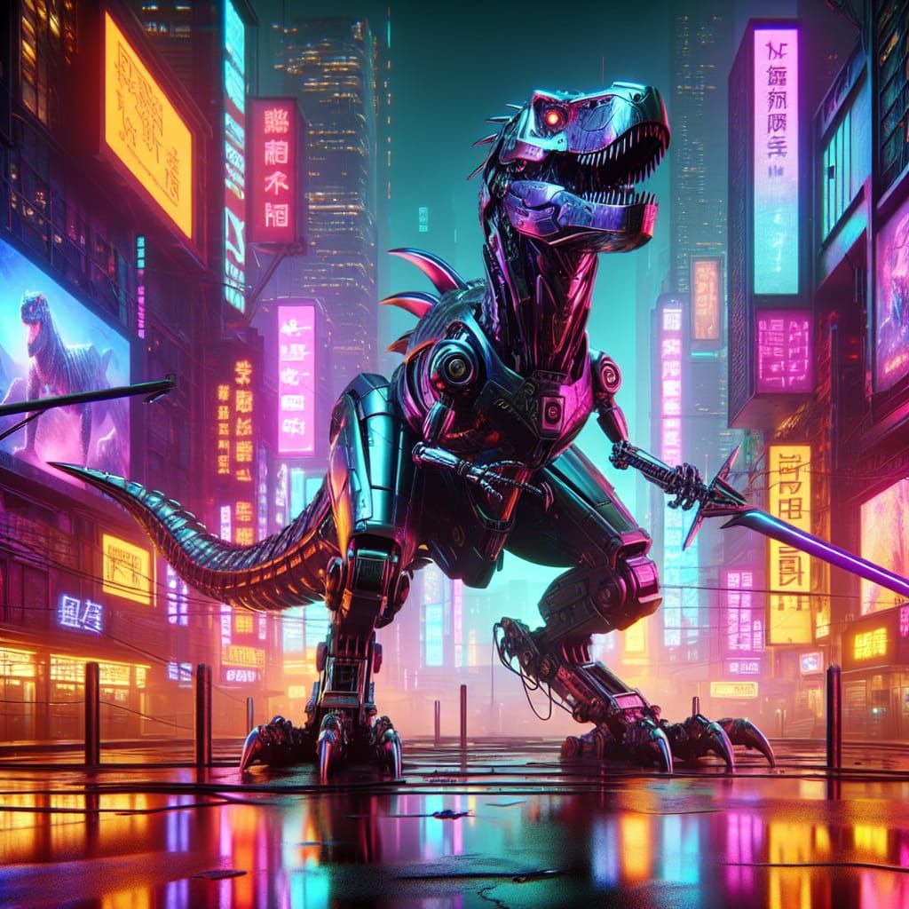 Robot t-rex wielding a sword in a cyberpunk future.