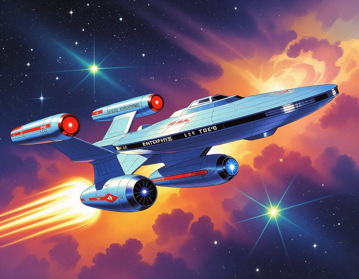 Starship Enterprise Soaring Through Galaxy in Retro-Futurist...