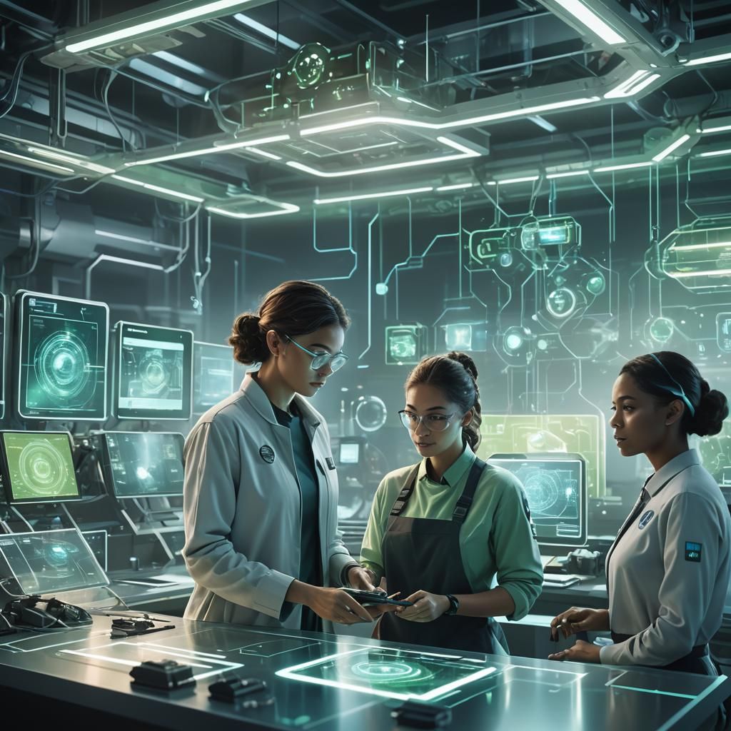 Futuristic Lab Technician Working on Glowing Device