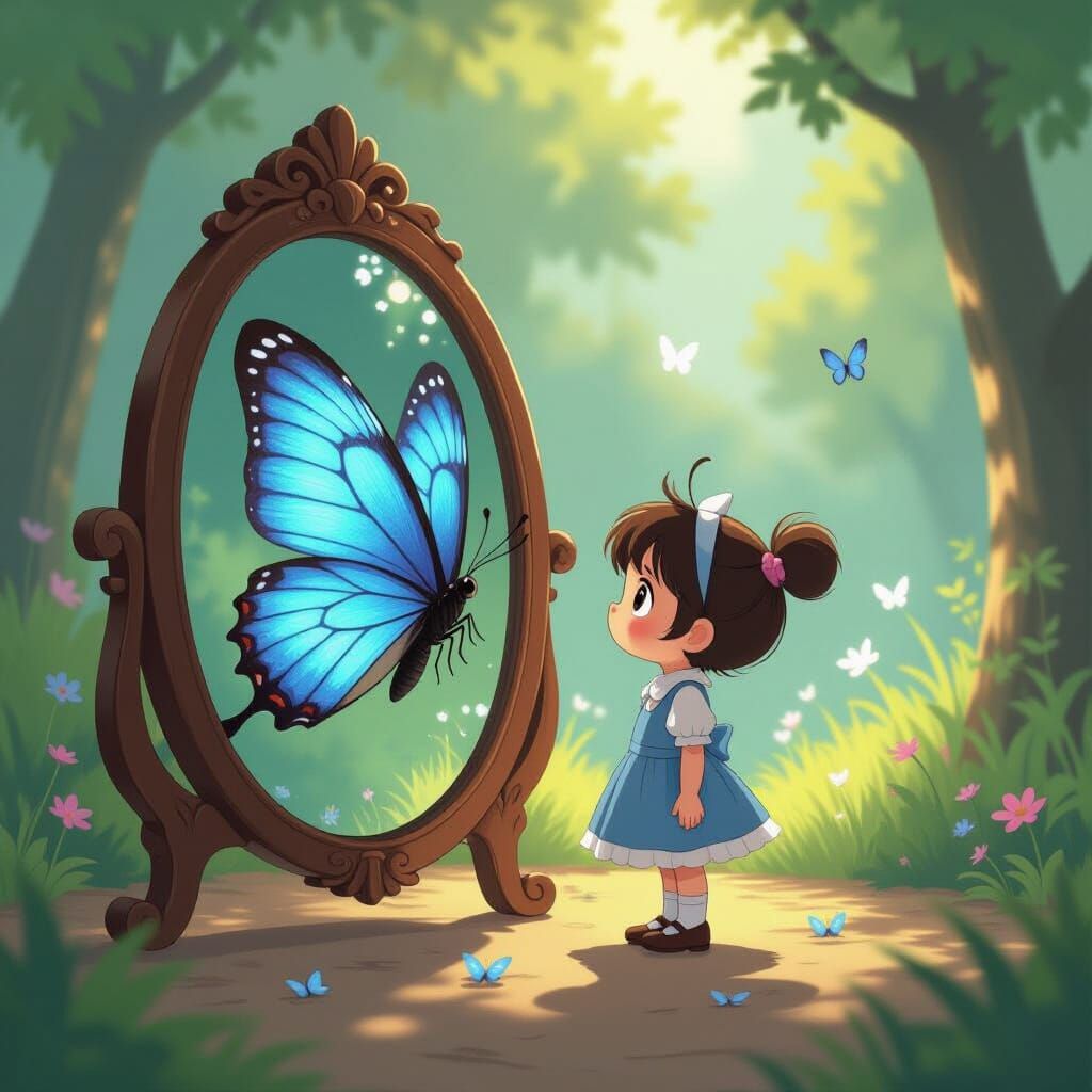 Butterfly and Caterpillar Reflection in Miyazaki Style