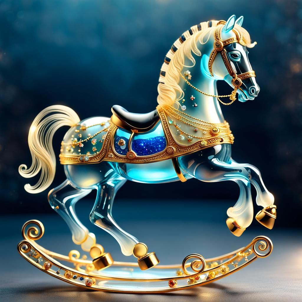 Delicate Golden Rocking Horse Figurine in Glass Art Style