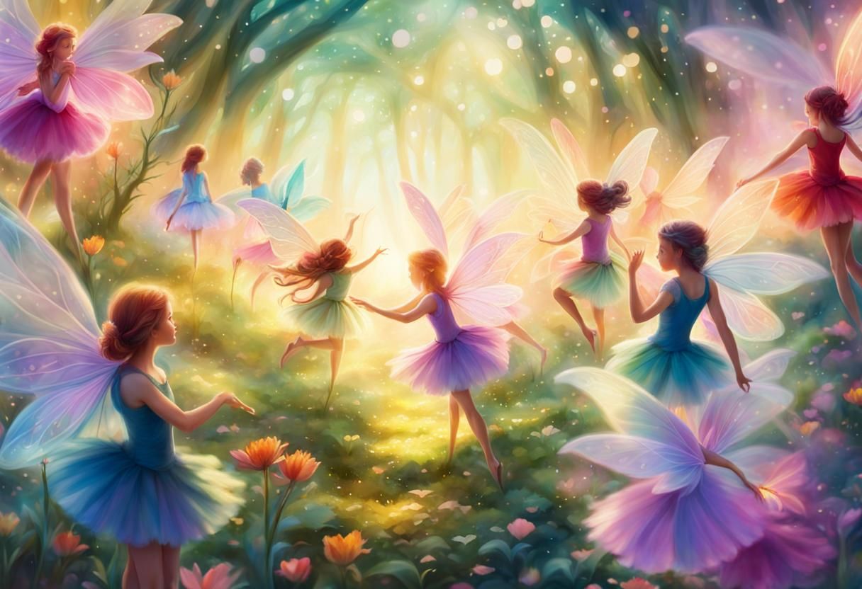 Fairies Dance in Flower Forest: Watercolor Illustration