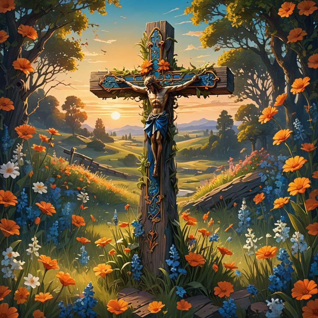 Lone Cross in a Field of Flowers: Fantasy Art