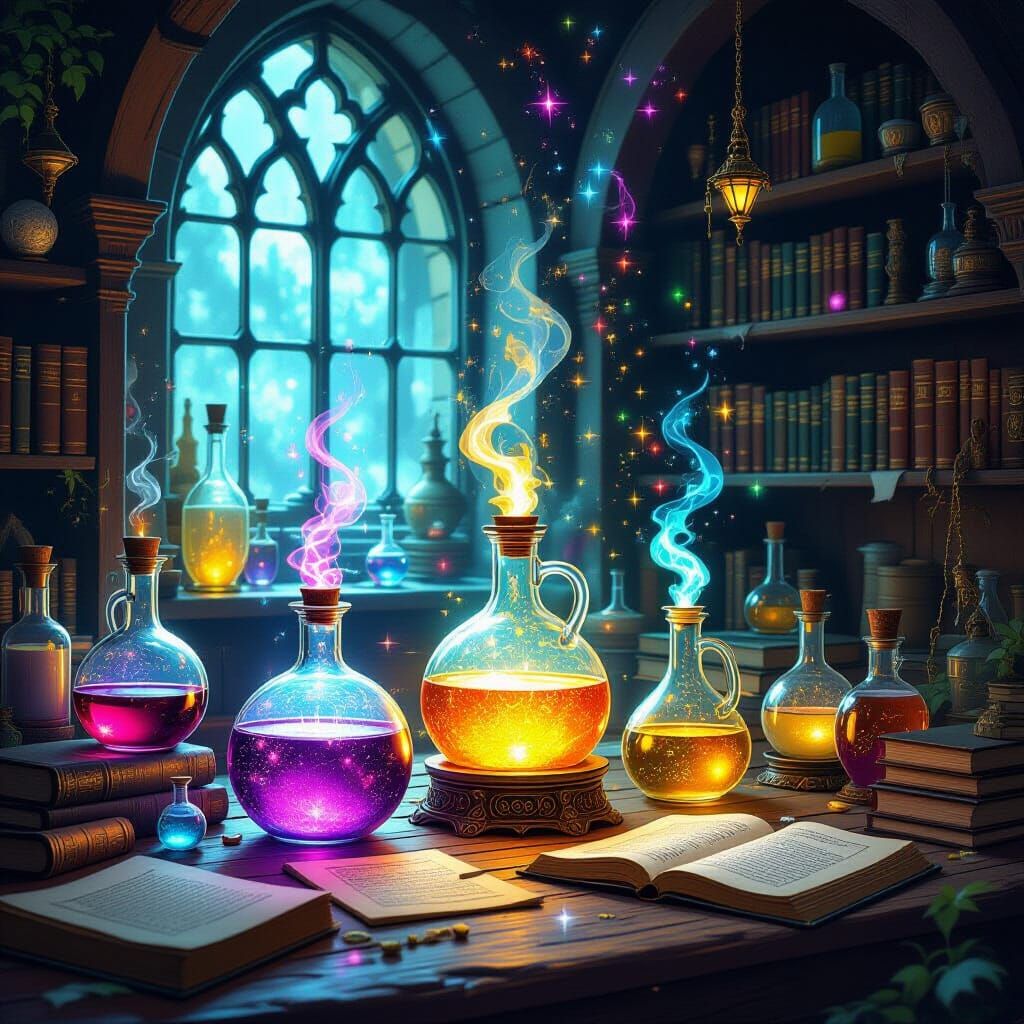 Mystical Alchemist Workshop With Glowing Potions