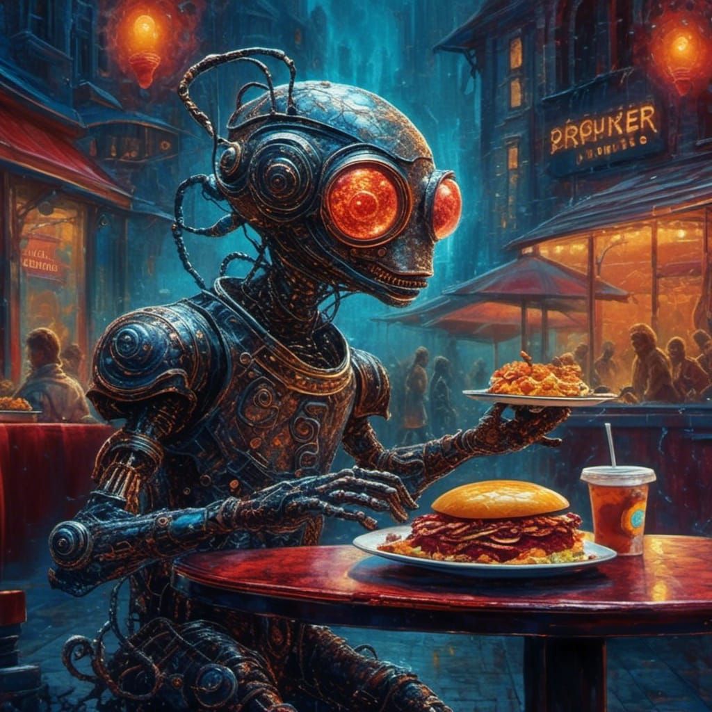 Futuristic Waiter Robot in Synthwave Style